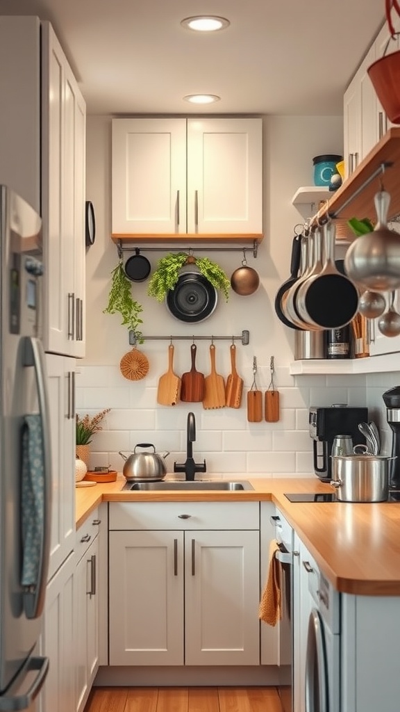 A small kitchen showcasing vertical storage solutions with open shelves, hanging pots, and plants.