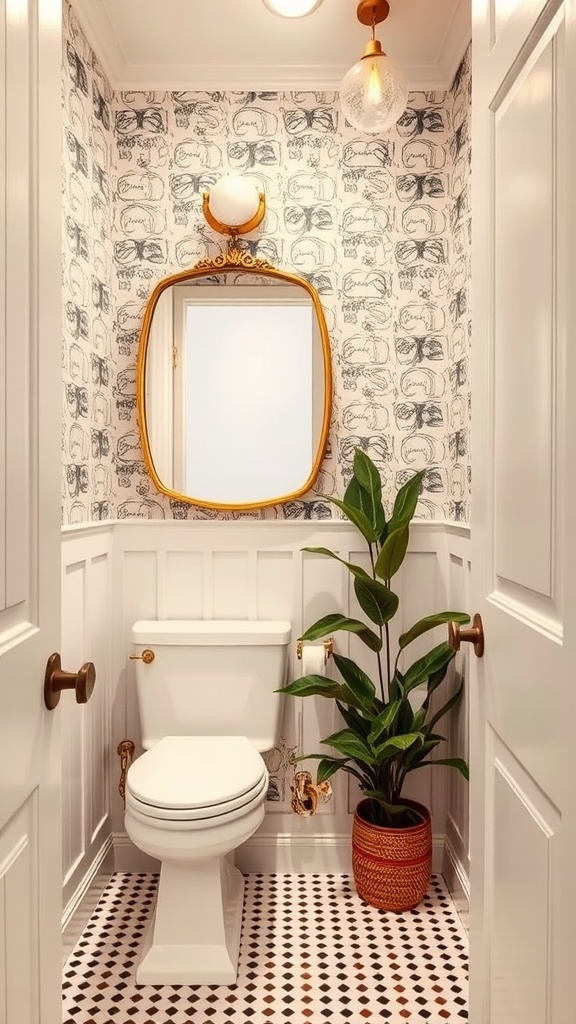 Small bathroom featuring lively wallpaper, a golden mirror, and a potted plant.