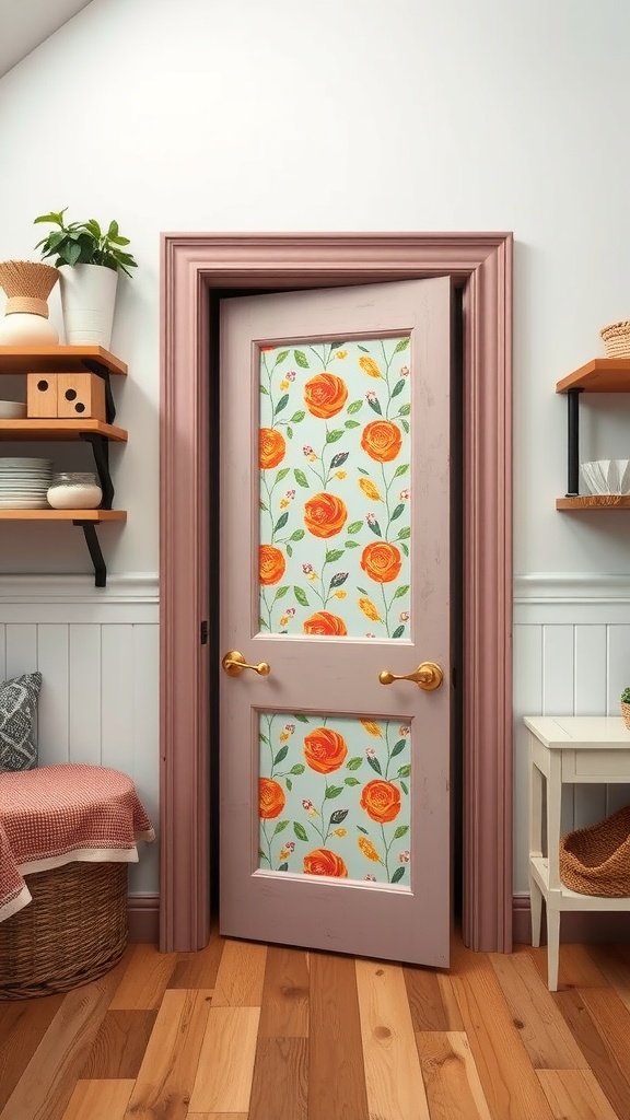 A pantry door with floral wallpaper set in a pink frame, surrounded by kitchen decor.