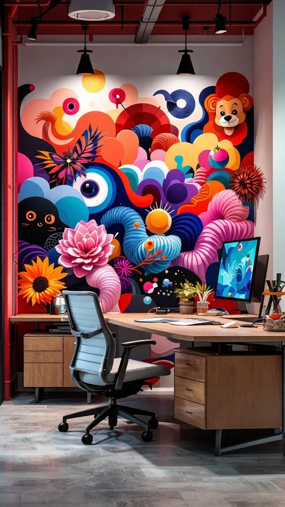 An office space featuring large, colorful wall letters and a minimalist desk setup.