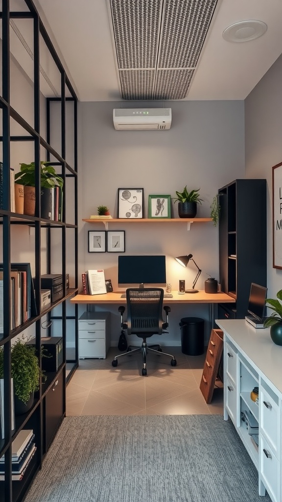 A small home office featuring a desk, shelves, and plants, designed for efficiency and comfort.