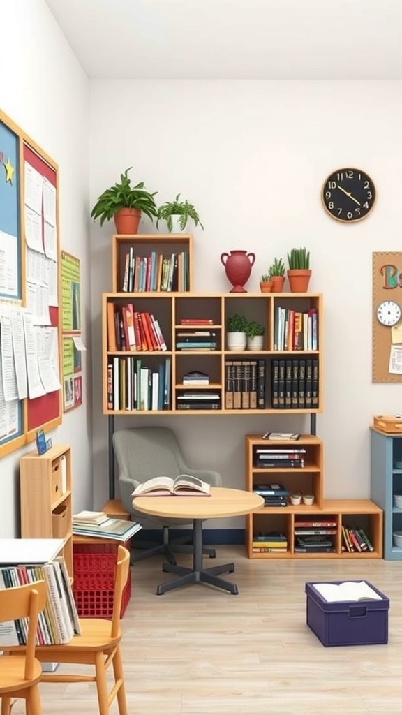 A cozy classroom reading corner with bookshelves, comfortable seating, and plants.