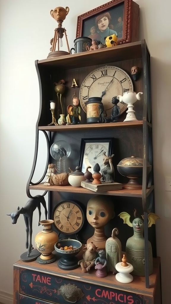 A shelf displaying an eclectic mix of curiosities, including clocks, figurines, and art pieces.