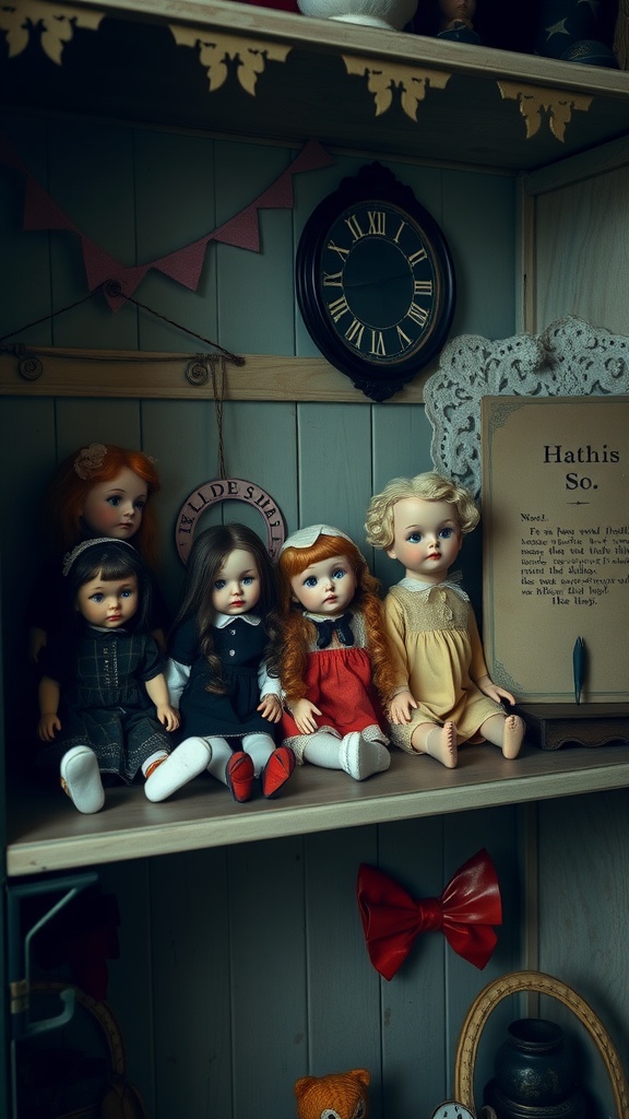 A collection of vintage dolls displayed on a shelf with a clock and a note.
