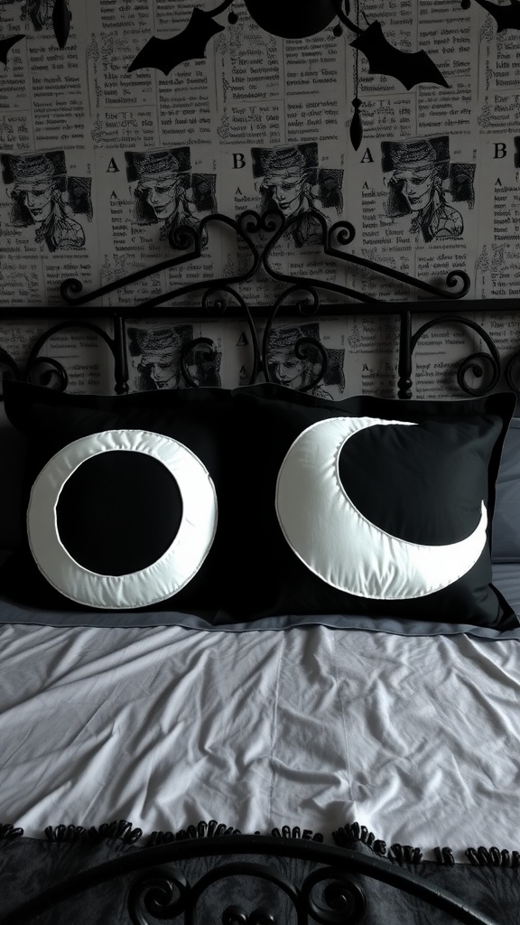 Two crescent moon pillows on a bed with dark bedding and a patterned wall behind.