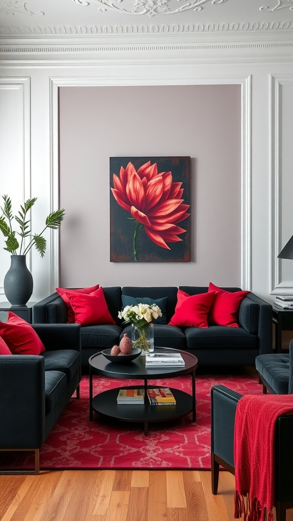 A modern living room with black sofas, red cushions, a vibrant red rug, and a large painting of a red flower.