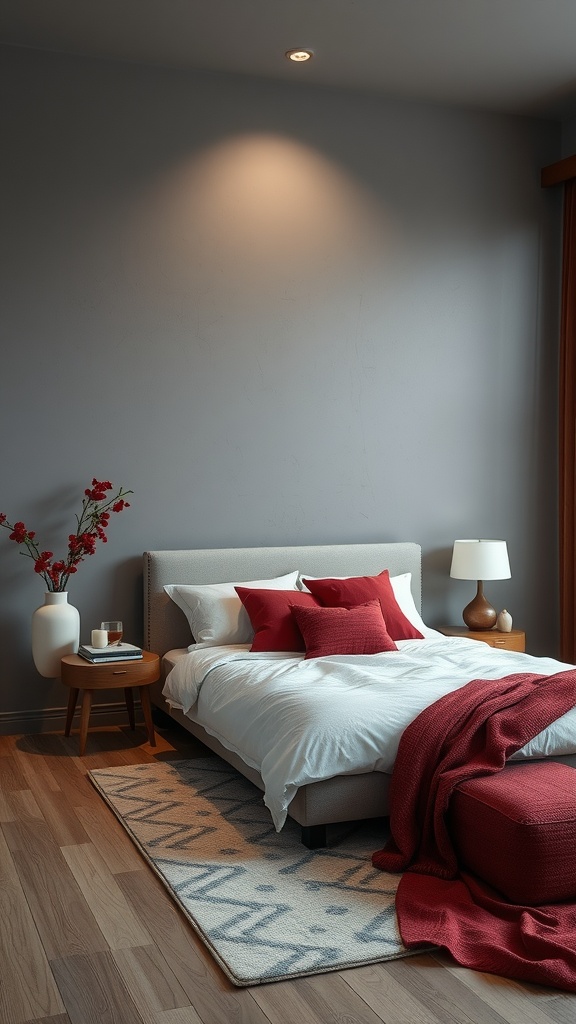 A dark and moody bedroom featuring gray walls, a bed with red accents, and a cozy atmosphere.