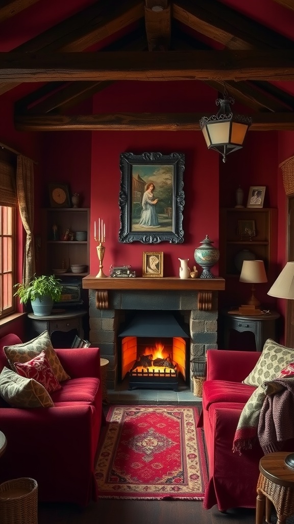 A cozy living room with crimson walls, plush red sofas, a fireplace, and decorative elements that create a nostalgic atmosphere.