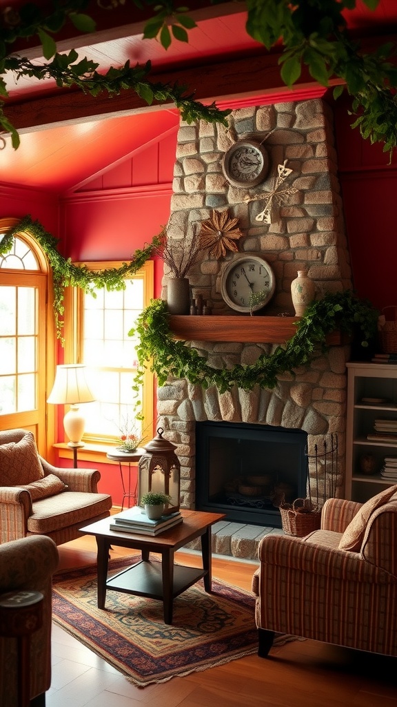 A cozy interior featuring a stone fireplace, red walls, comfortable seating, and decorative greenery.