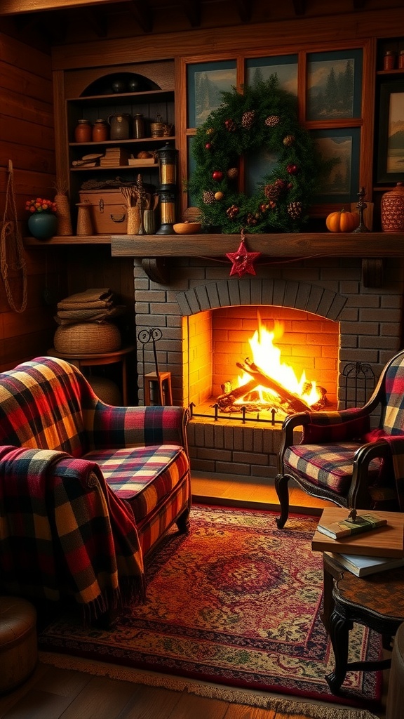 Cozy fireside retreat with plaid sofas, a warm fireplace, and rustic decor.
