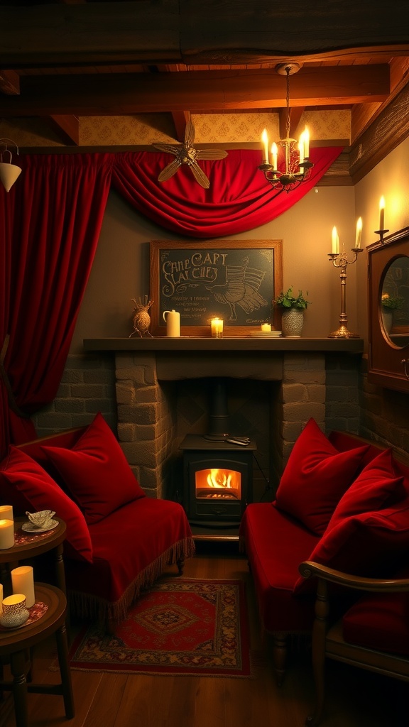 Cozy crimson velvet nook with a fireplace and candles
