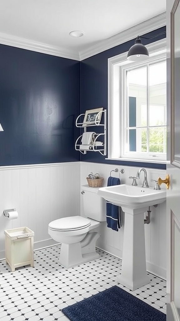A bathroom featuring crisp white and navy colors, showcasing navy walls, white wainscoting, and hexagonal floor tiles