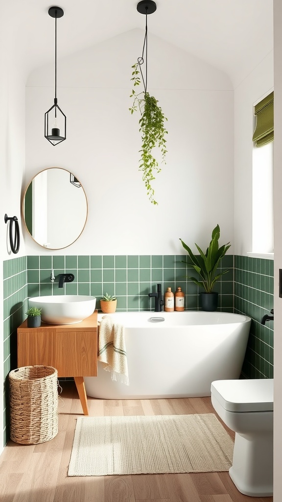 A stylish bathroom featuring crisp white walls, olive green tiles, a white bathtub, and wooden accents.