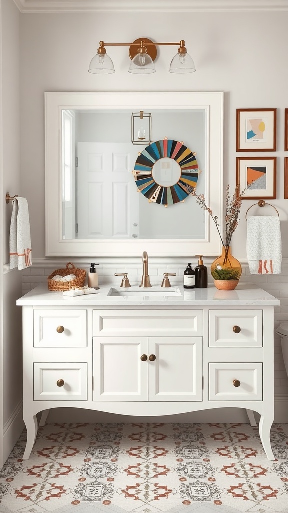 A bright bathroom featuring a white vanity with colorful accents, decorative wall art, and a stylish mirror.