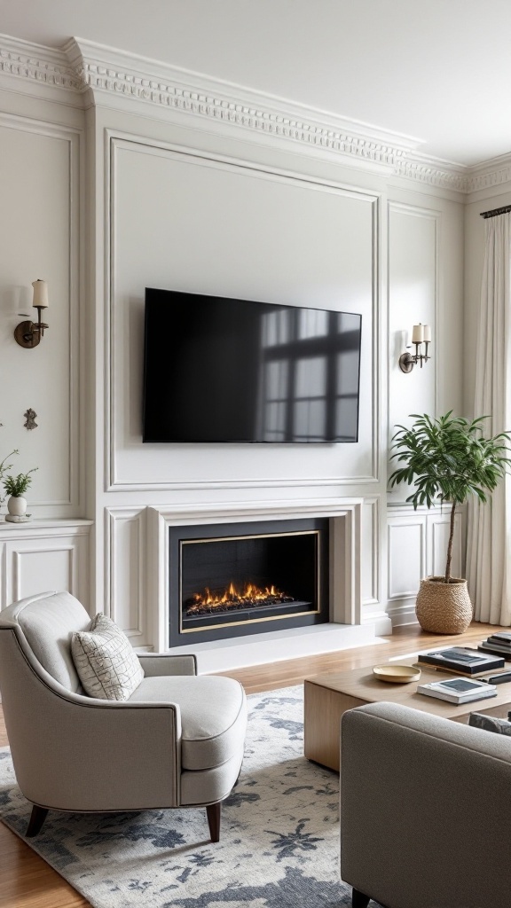 A living room featuring a modern luxury TV wall design with crown molding accents, a fireplace, and cozy seating.