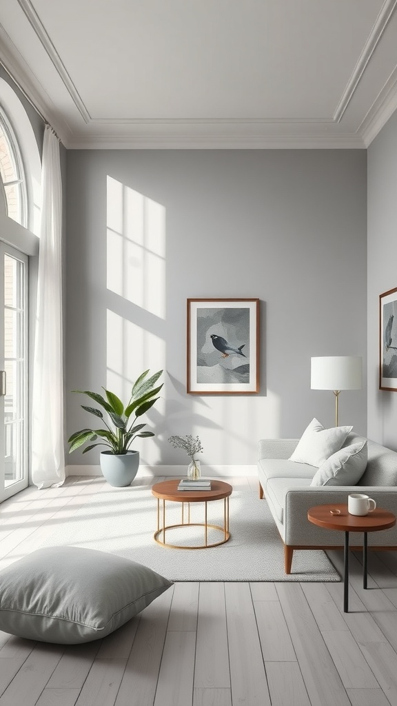 A living room featuring Sherwin Williams Crushed Ice SW 7647 paint color on the walls, with modern furniture and natural light.