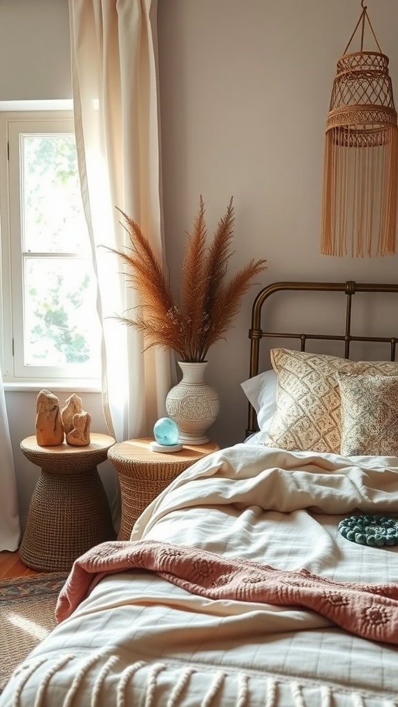 A cozy bedroom with earth tone decor featuring crystals and natural elements