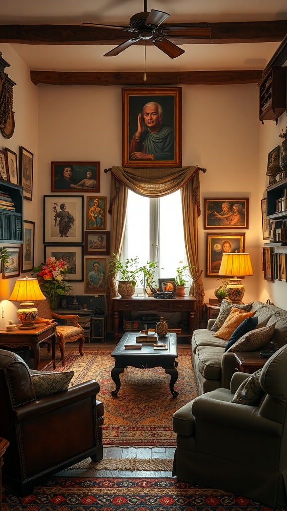 A cozy living room with various framed artworks on the walls, warm lighting, and comfortable seating.