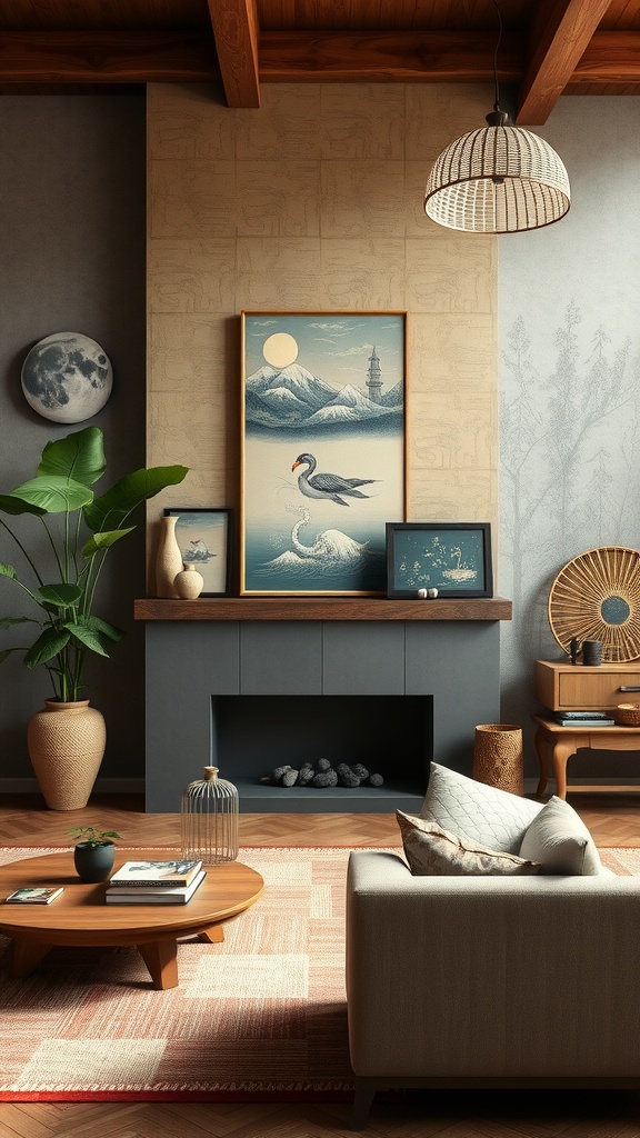 A contemporary living room featuring a statement wall with Japanese-inspired art, wooden beams, and a cozy atmosphere.
