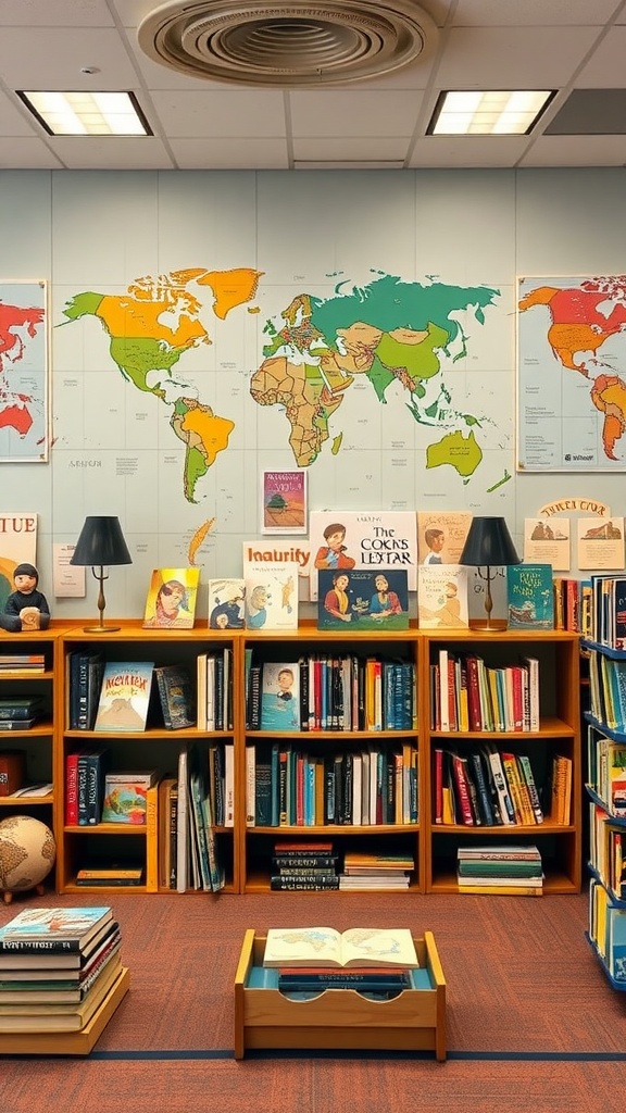 A cozy classroom reading corner featuring bookshelves filled with diverse books, a map of the world on the wall, and comfortable seating.