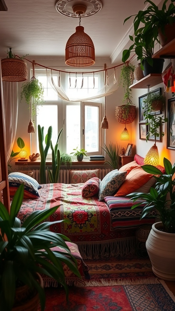 A cozy bohemian-style bedroom featuring colorful textiles, lush plants, and warm lighting.