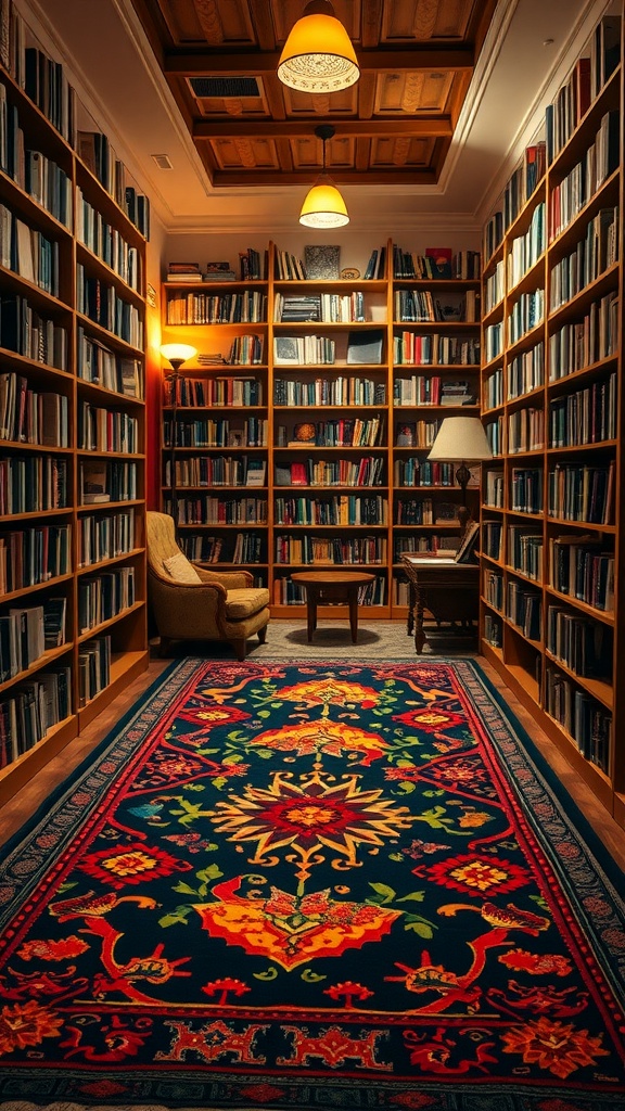 Cozy library with a colorful cultural motif rug, wooden shelves filled with books, and warm lighting.