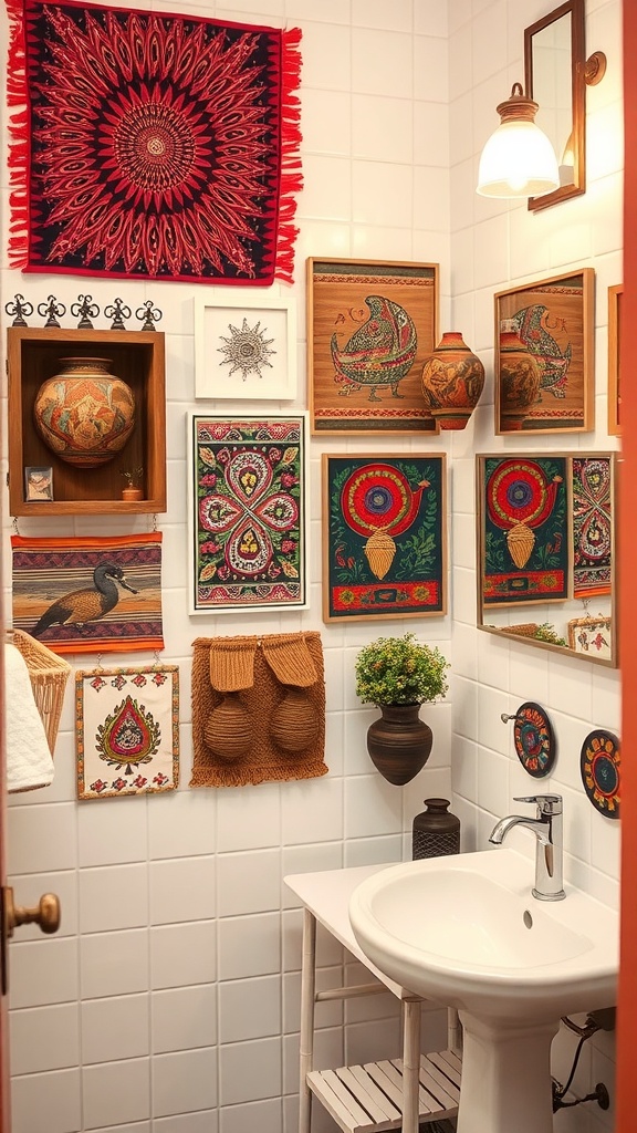 Colorful cultural wall decor in a bathroom featuring textiles, framed art, and pottery.