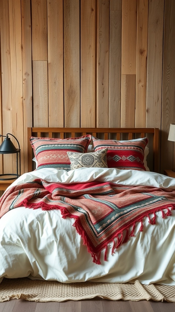 A cozy bed with a vibrant Boho blanket and patterned pillows against a wooden wall.