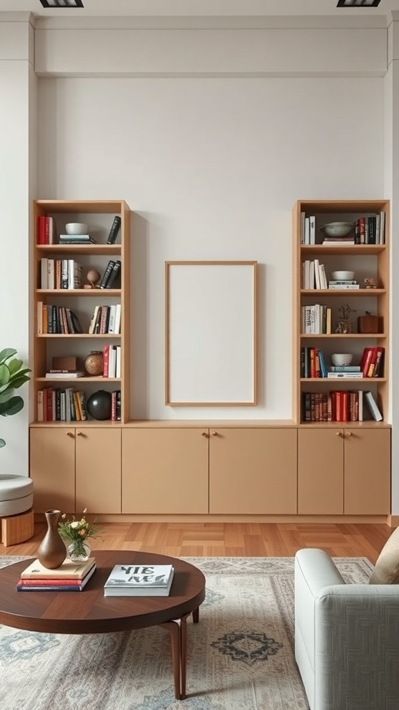 Curated bookshelves with a mix of books and decorative objects in a modern living room