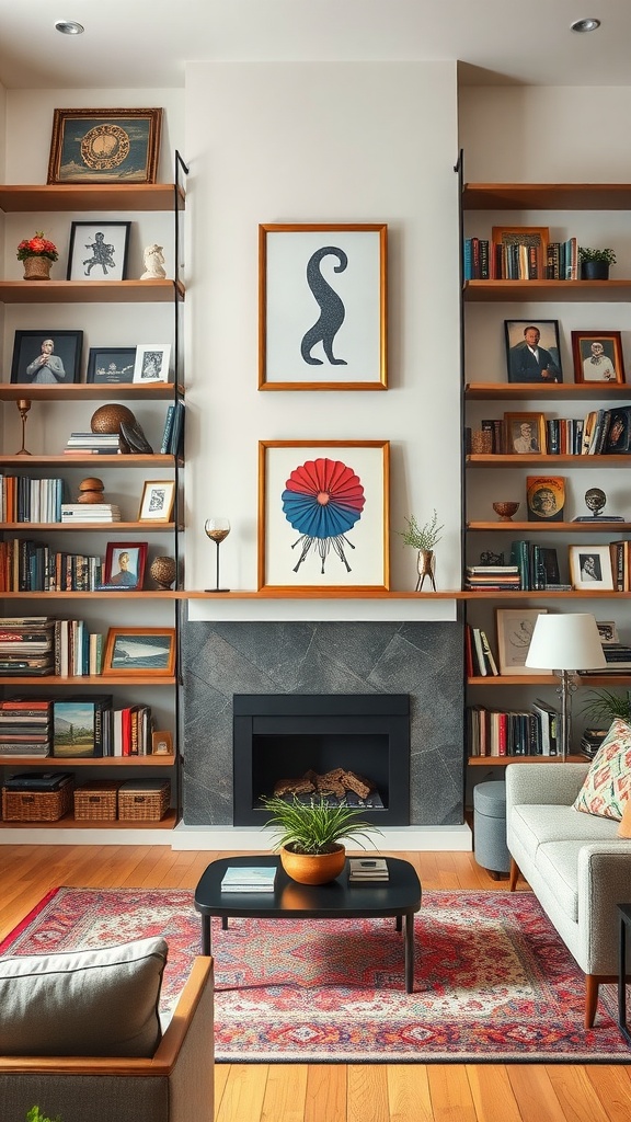 A cozy living room featuring curated collectibles displayed on shelves, with a fireplace and a plush sofa.