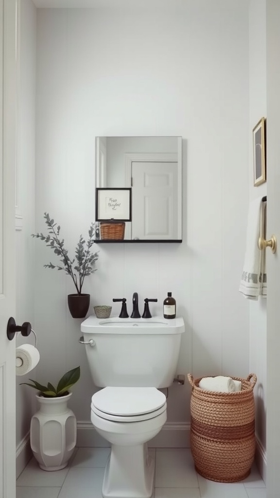 A minimalist bathroom featuring a toilet, a mirror, potted plants, and a woven basket.