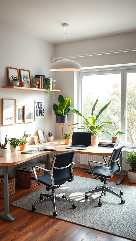 A modern home office featuring a curved desk, two black chairs, plants, and natural light from a large window.