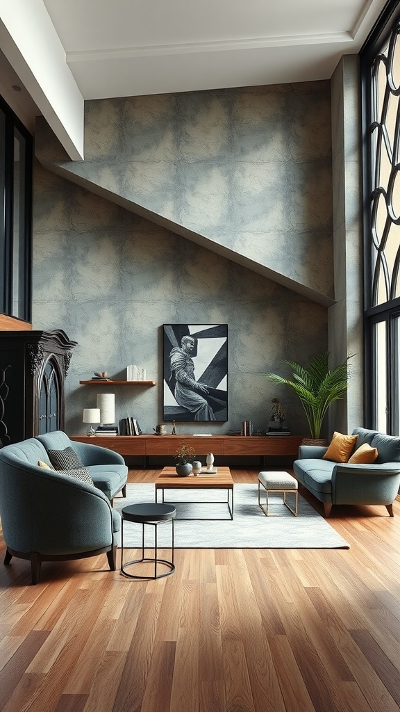 A modern living room featuring curved furniture, angular architecture, and a blend of Gothic and minimalist styles.