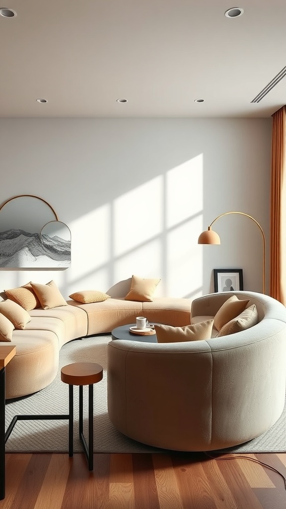 A cozy living room featuring a curved sofa, soft cushions, and a round coffee table, illuminated by natural light.