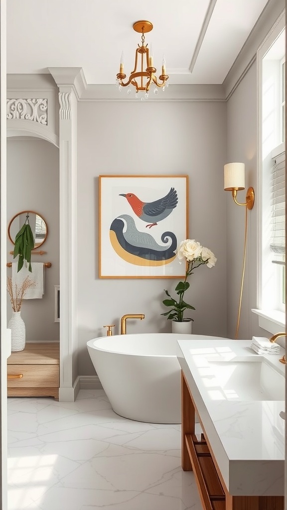 A modern luxury bathroom featuring a freestanding tub, elegant fixtures, and colorful bird artwork on the wall.