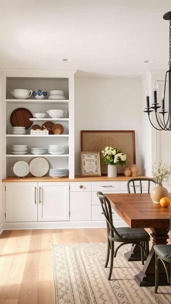 Modern farmhouse dining room with custom built-in shelving, featuring dishes and decorative items.