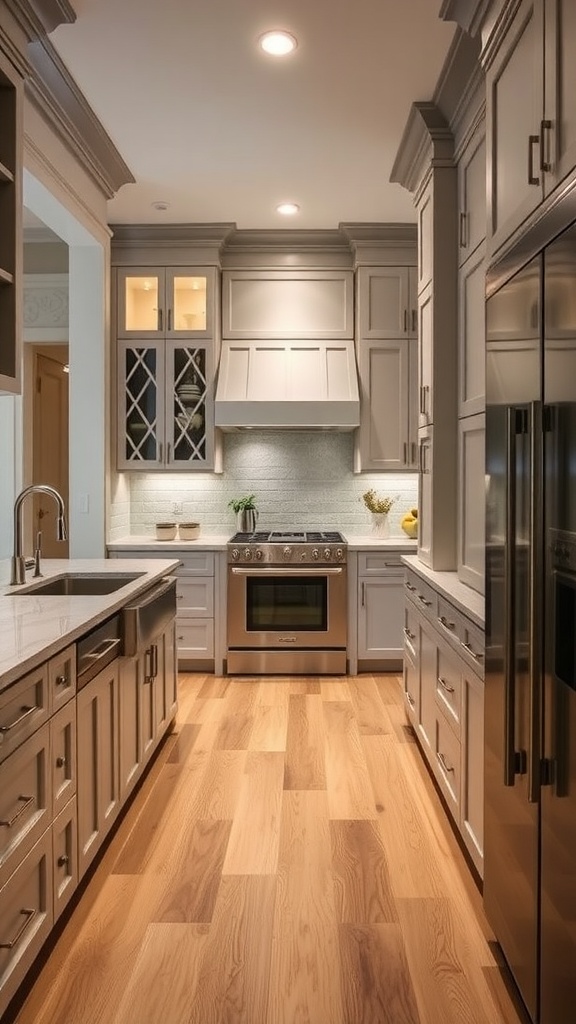 A modern kitchen with custom built-in gray cabinets, stainless steel appliances, and wooden flooring.