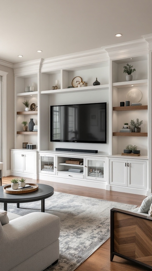 A modern living room with a custom built-in TV unit, featuring white cabinetry, open shelves, and a round coffee table.