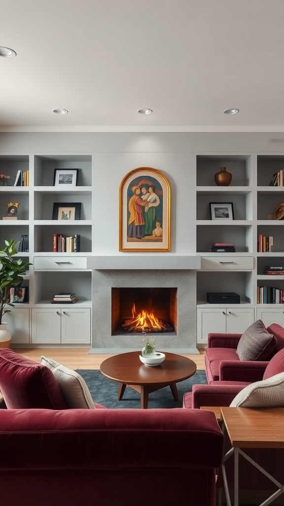 A modern living room featuring custom built-ins with velvet upholstery, a fireplace, and decorative shelves.