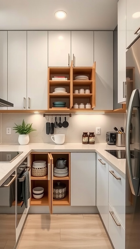 A modern small apartment kitchen with custom cabinet inserts.