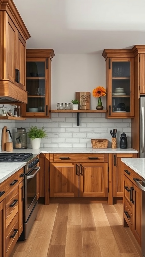 Custom cabinetry in a rustic modern kitchen featuring wooden cabinets and open shelving