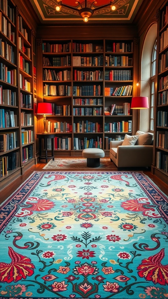 A hand-painted rug in a cozy library with wooden bookshelves, bright lighting, and a comfortable seating area.