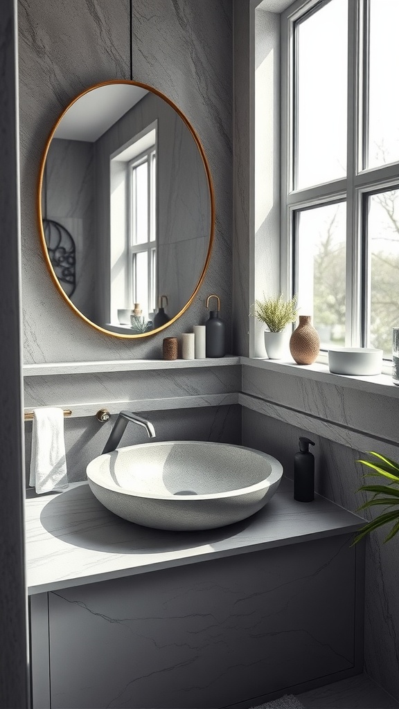 Modern bathroom with a custom stone basin, large mirror, and natural light.