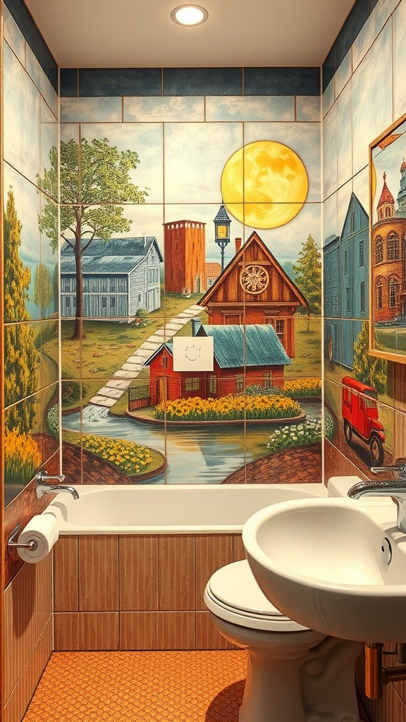 A bathroom featuring a custom tile mural with a rural scene, sun, and charming buildings.