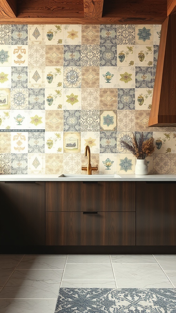 A rustic modern kitchen featuring a colorful custom tile backsplash with intricate designs, dark wood cabinets, and a stylish sink.