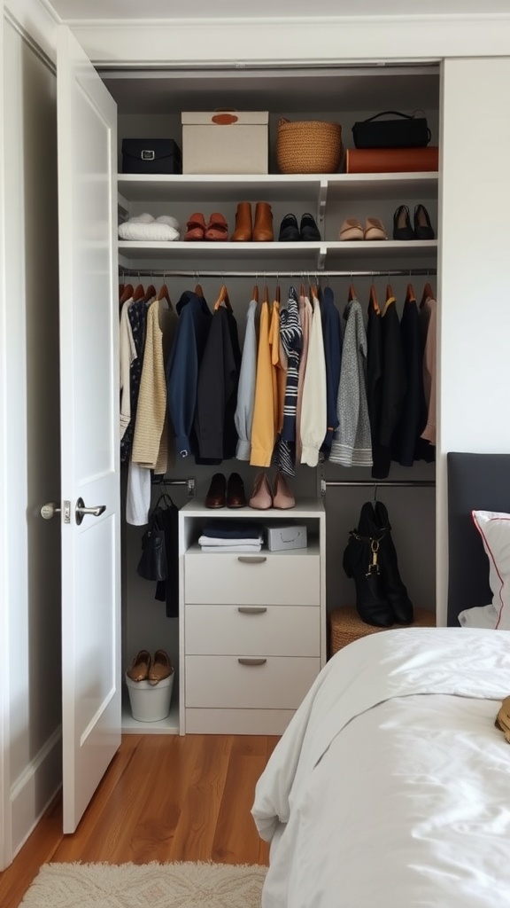 Organized closet space with clothes, shoes, and accessories