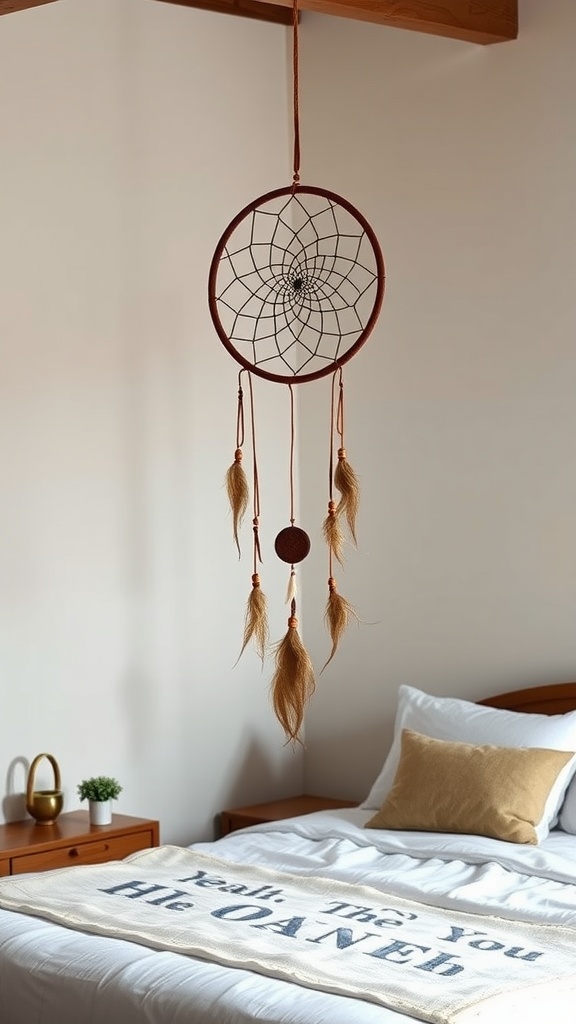 A cozy master bedroom with a dream catcher hanging above the bed.