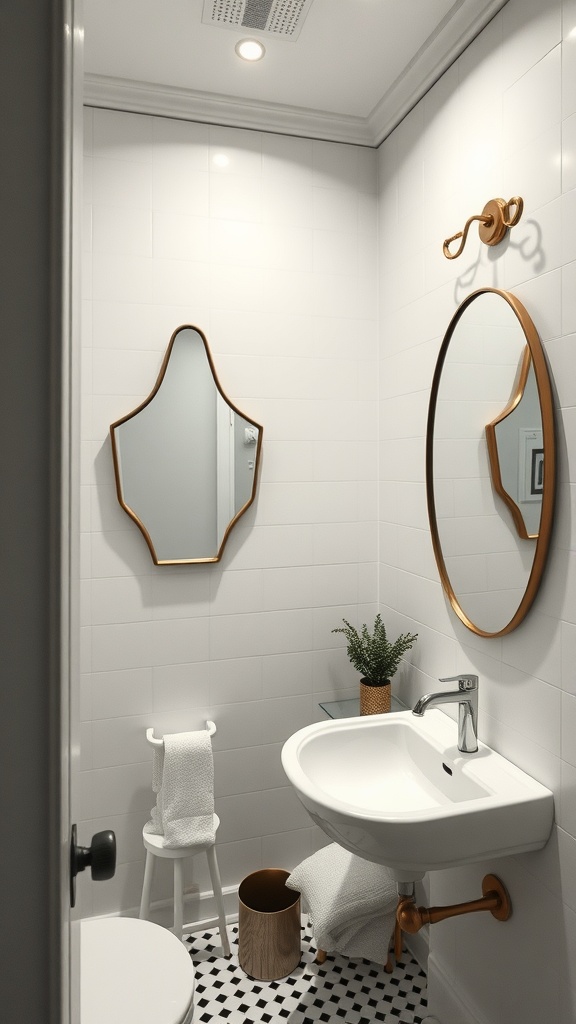 Small bathroom featuring unique mirrors and modern design elements.