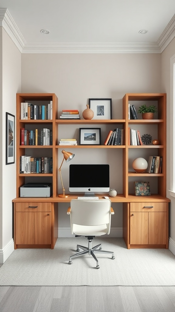 A cozy home office featuring customized wooden shelving units, a sleek desk, and a stylish chair.