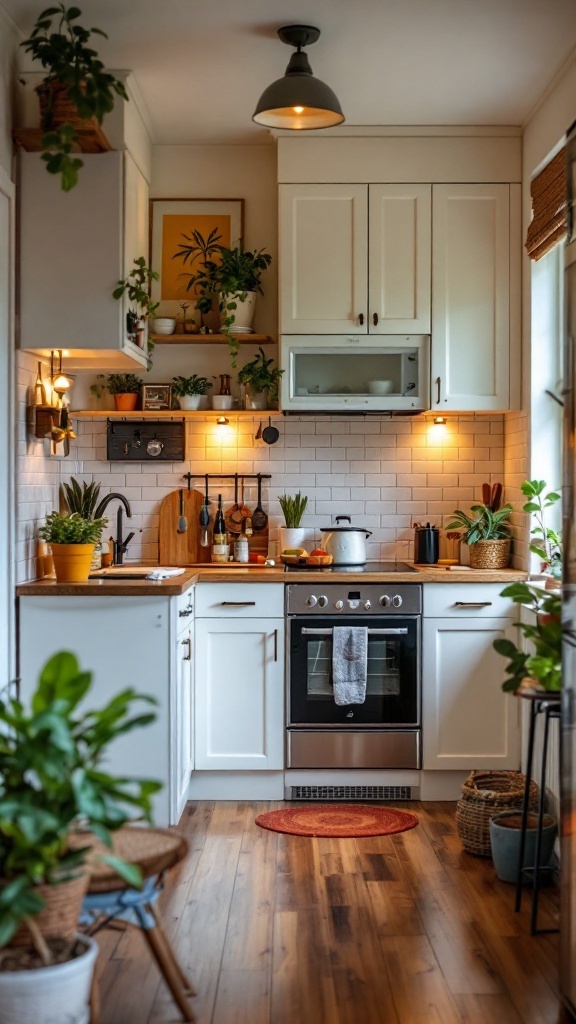 Small U-shaped kitchen with white cabinets, wooden accents, and plants.